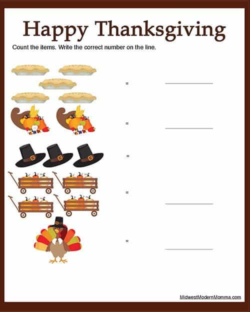 Free Thanksgiving Worksheets for Preschool Math