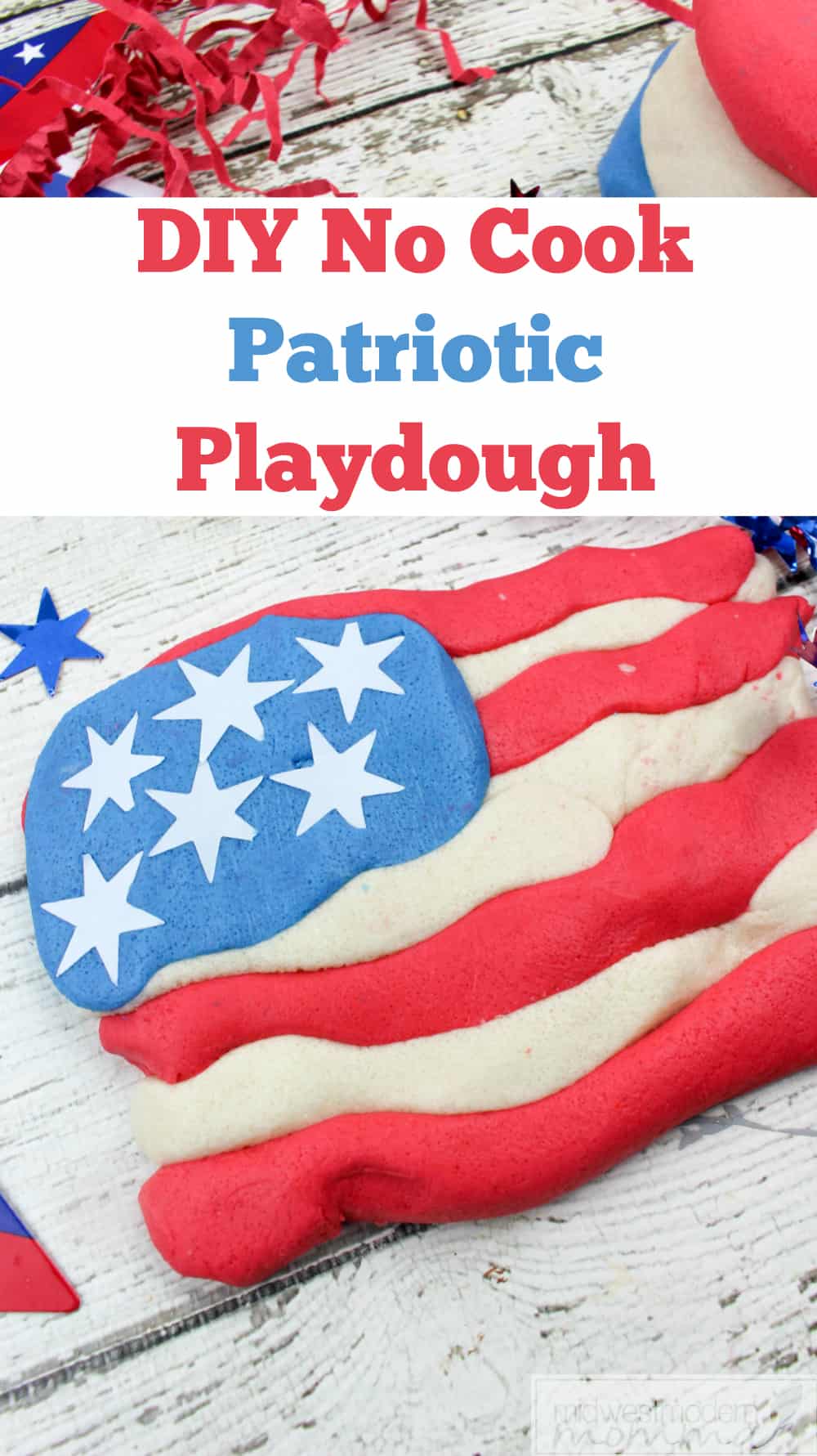 Patriotic Homemade Playdough is a great fun No Cook Play Dough Recipe that you and your kids will love as a fun summer kids craft!