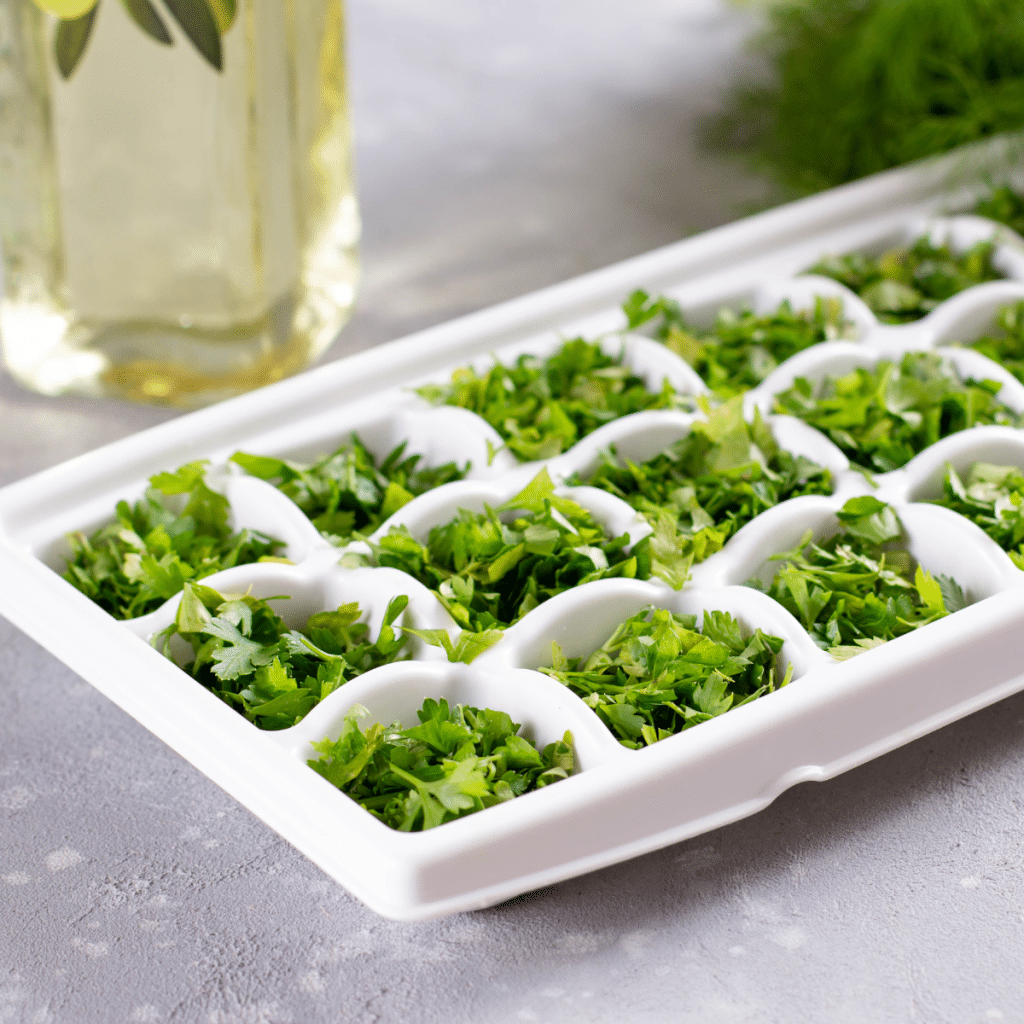 Ice cube tray with herbs to freeze.