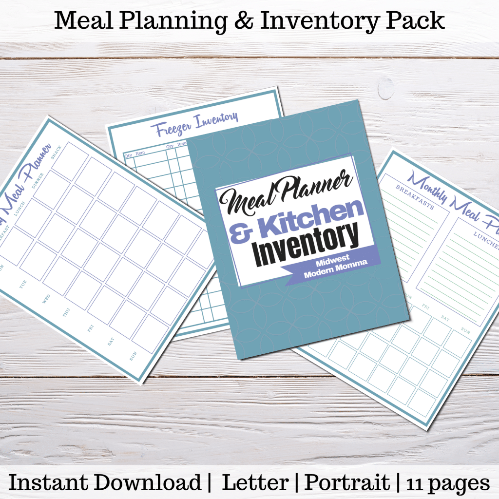 Printables from a meal planner and kitchen inventory set on a wooden surface.