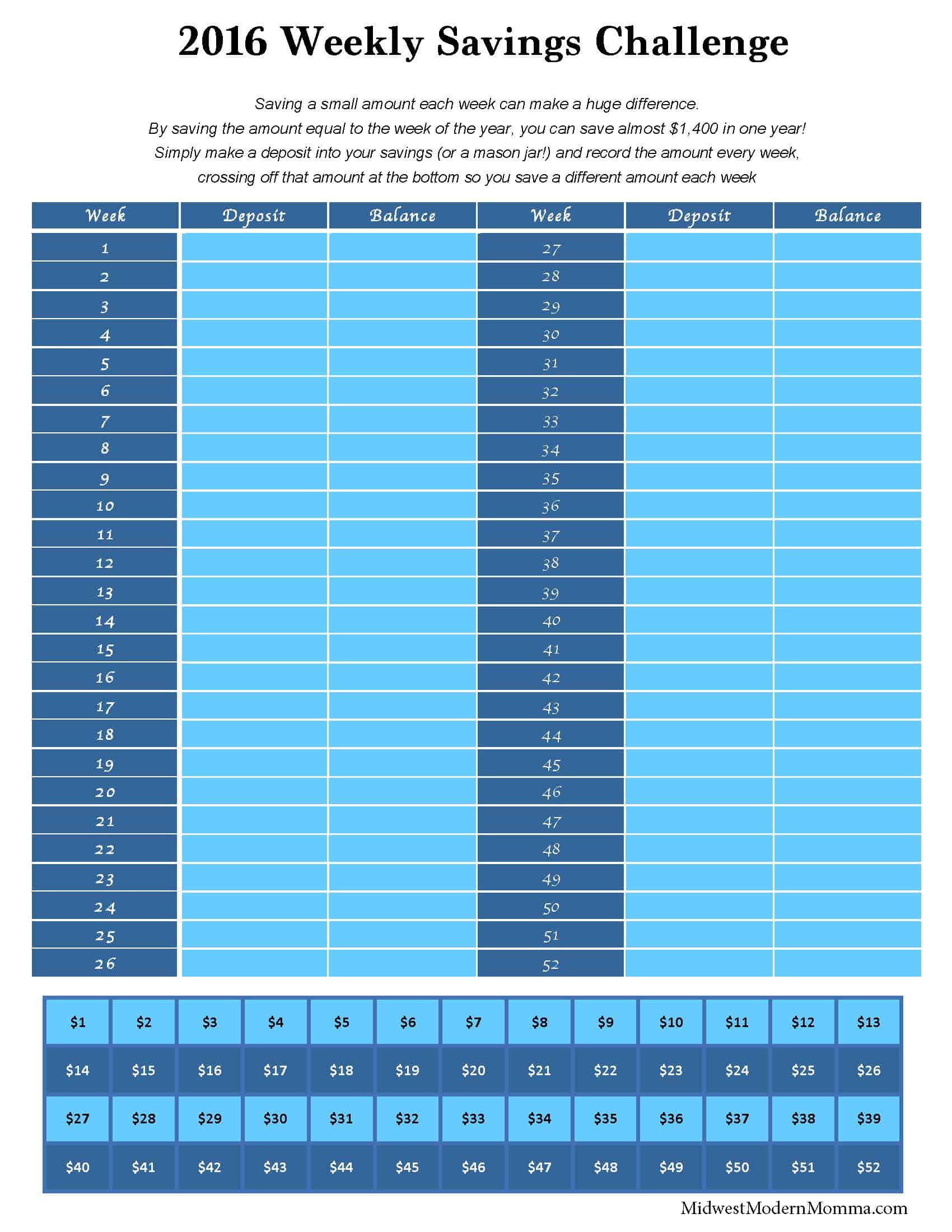 52 Week Savings Challenge for 2016