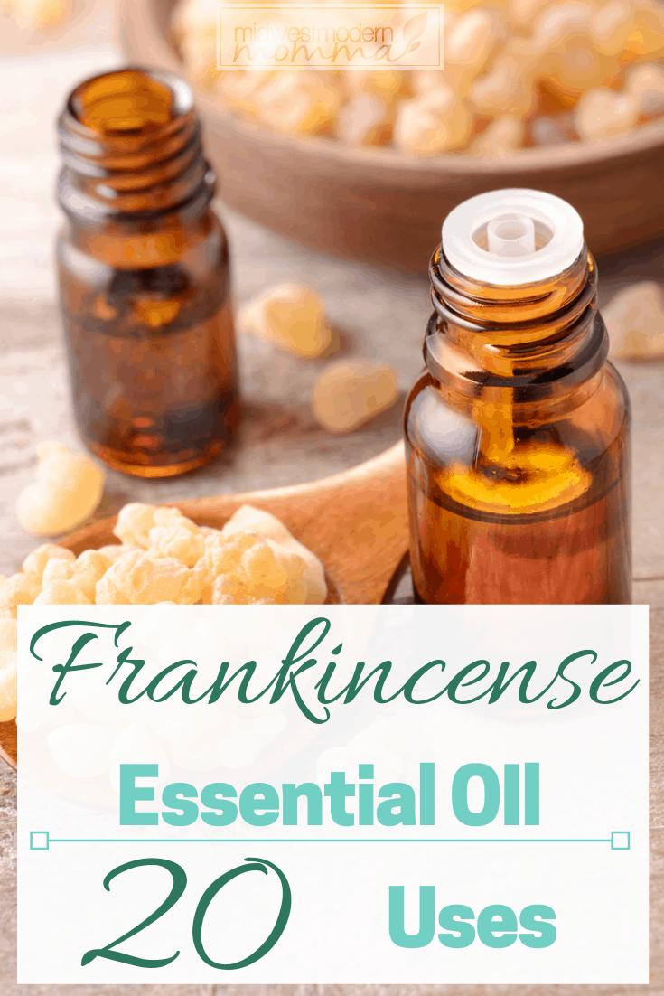2 amber bottles of oil next to frankincense resin with text saying Frankincense Essential Oil 20 Uses.