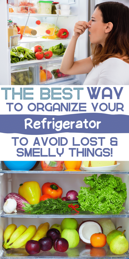 Collage image with inside of fridge and a woman pinching her nose, text reads "The best way to organize your refrigerator to avoid lost and smelly things!"
