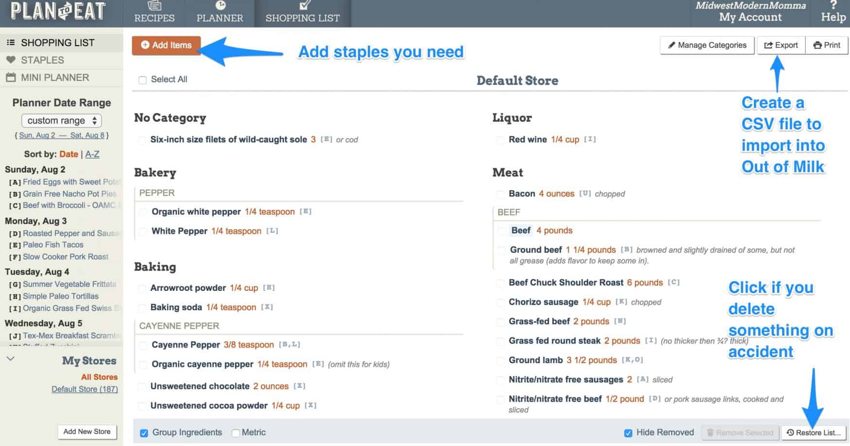 Creating a Shopping List with Plan to Eat
