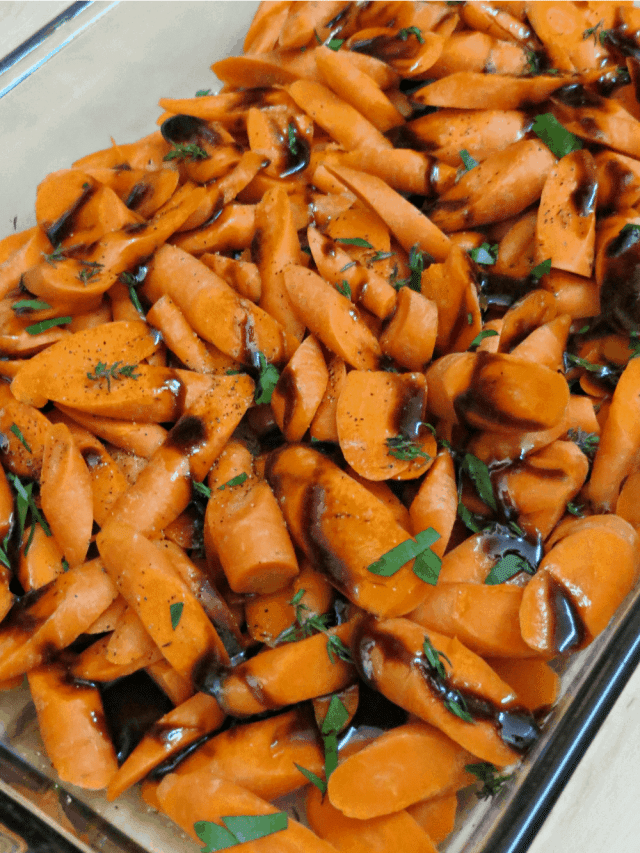 Balsamic & Maple Glazed Carrots in a glass baking dish.