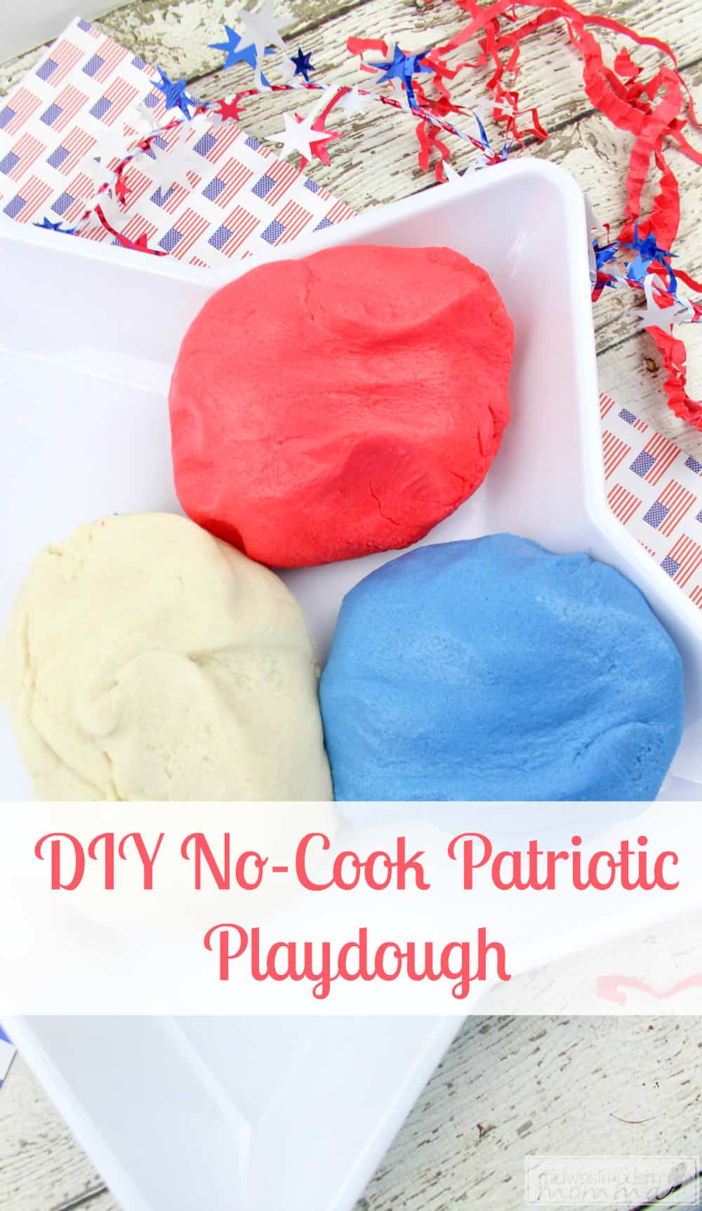 Patriotic Homemade Playdough is a great fun No Cook Play Dough Recipe that you and your kids will love as a fun summer kids craft!