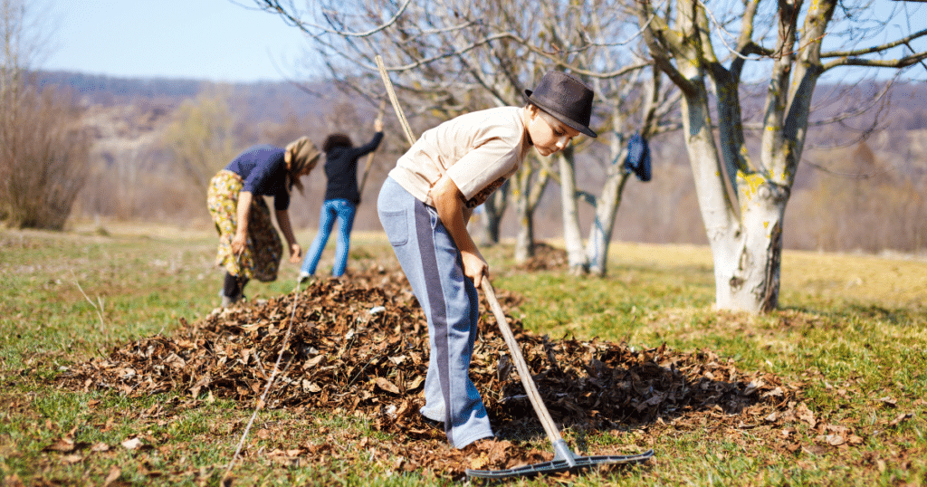 Boy raking leaves, with other family members in the background.