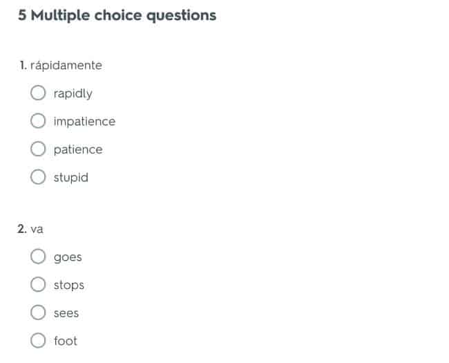 Multiple Choice test for Excelerate SPANISH