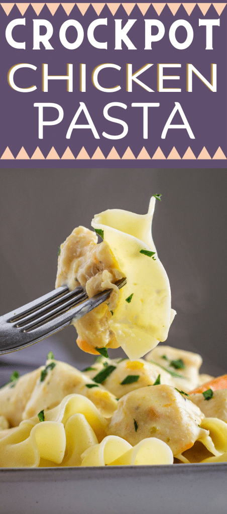 A forkful of chicken and noodles above a plateful of creamy chicken with pasta.