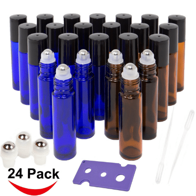 24 roller bottles, mix of cobalt blue and amber, on a white background.