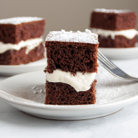 Creamy marshmallow filling between two layers of devils food cake.