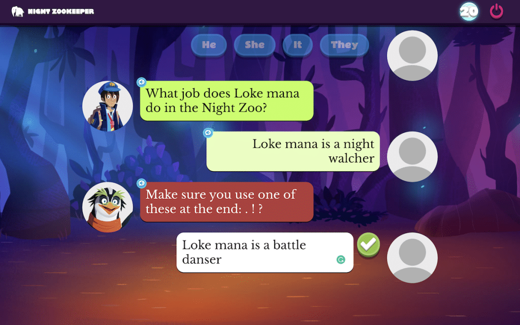 Screenshot of Night Zookeeper's writing curriculum reminding my nephew to add punctuation to the end of a sentence.