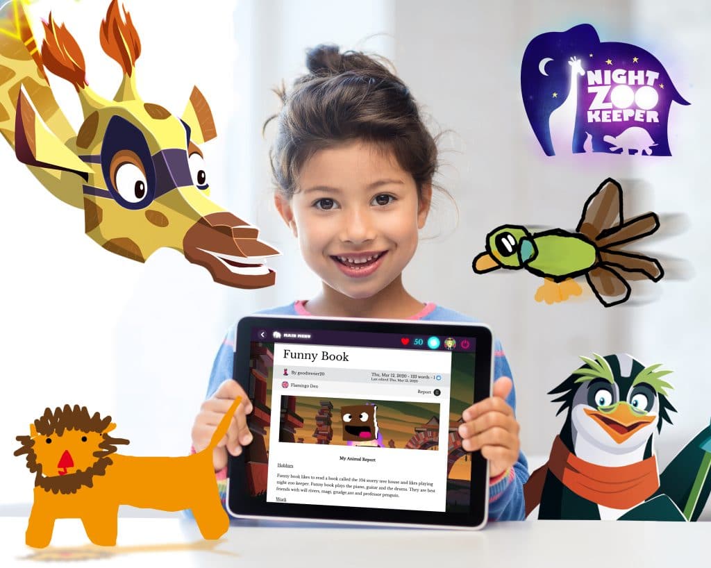 Young girl at a table with a tablet showing a story she wrote with Night Zookeeper's language arts curriculum.