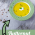 A graphic image of butternut squash soup with text with the soup name.