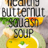 A graphic image of butternut squash soup with text with the soup name.