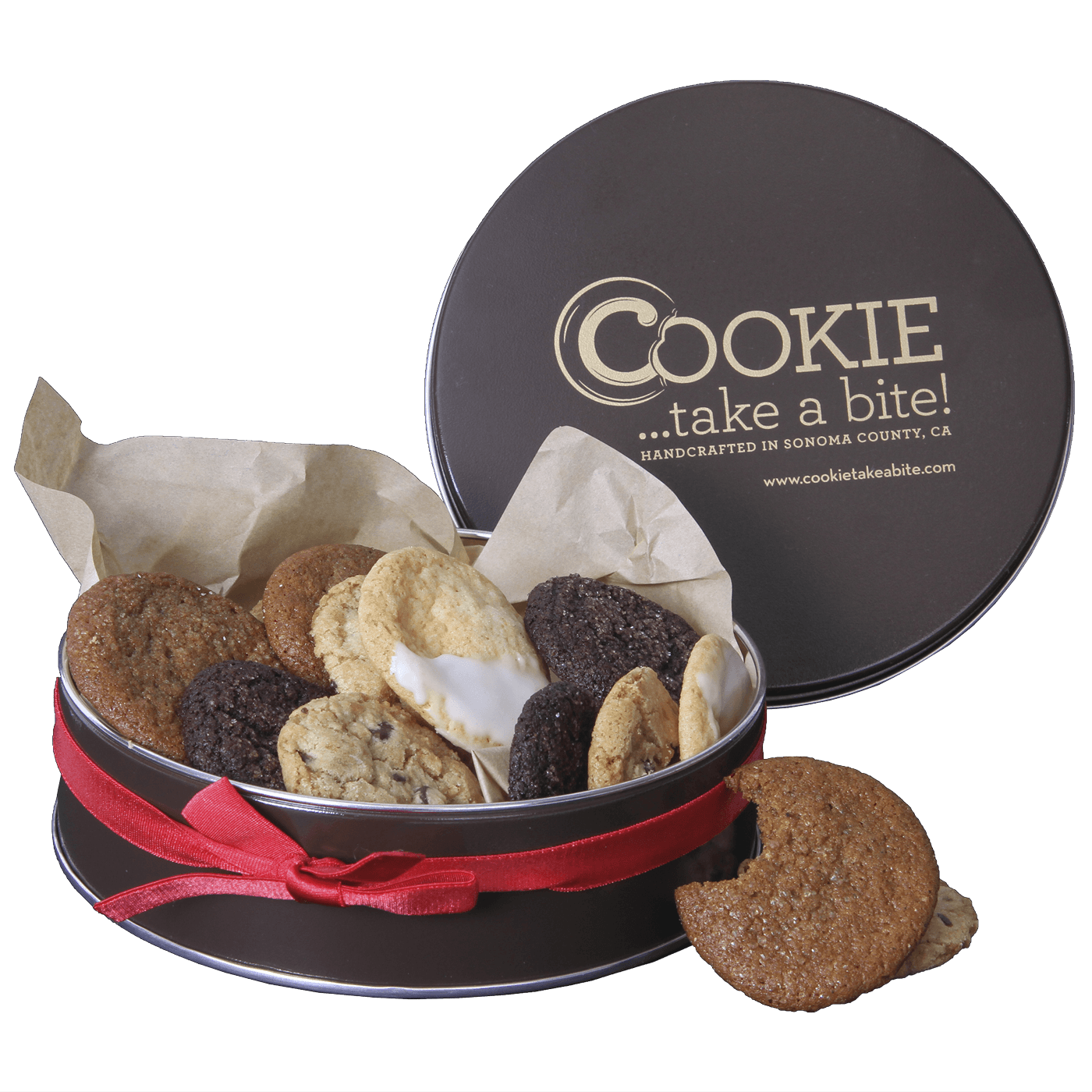 Tin of different types of cookies inside.