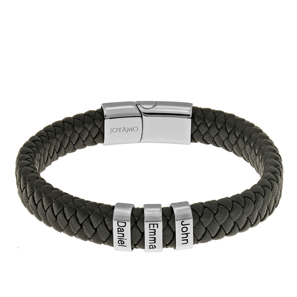Image for Men's Leather Bracelet with Oval Name Beads in Brown Skin | JOYAMO