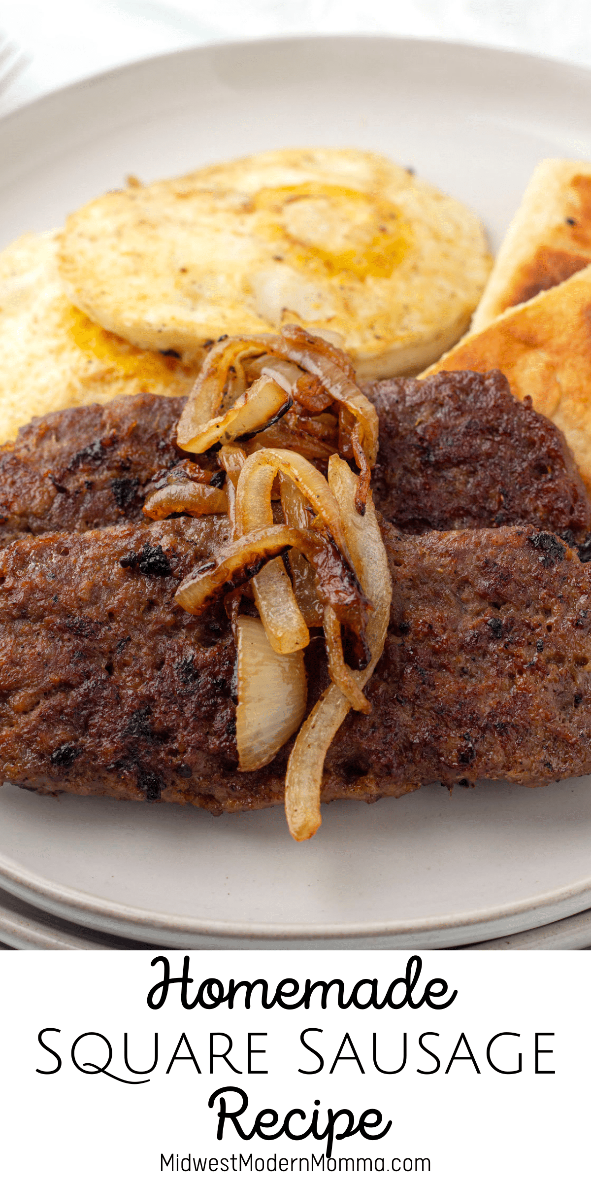 2 slices of lorne sausage on a plate with fried onions, eggs, and tattie scones.