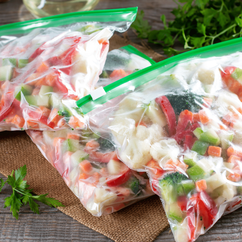 Ziplock bags of frozen, chopped vegetables on a placemat with herbs.
