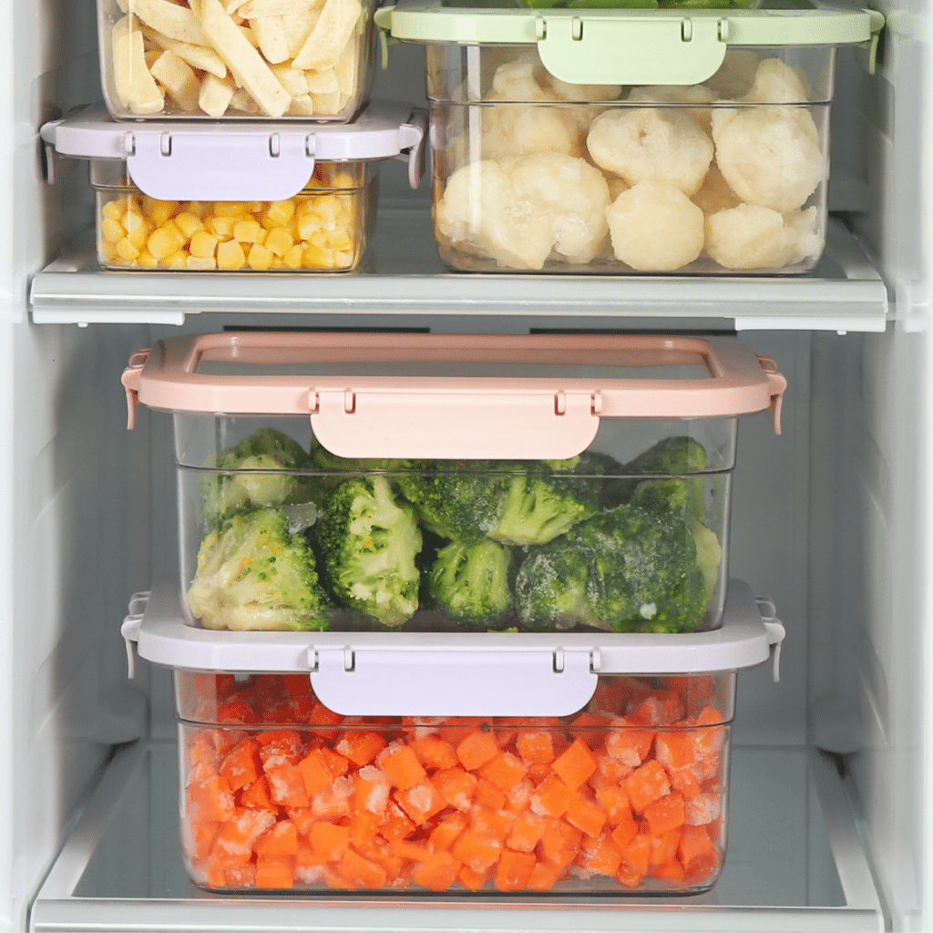 Storage containers with frozen produce.
