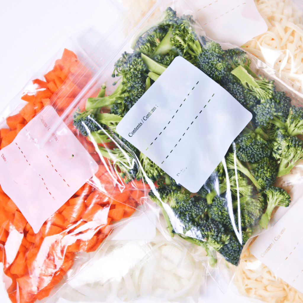 Ziplock bags of carrots and broccoli with blank freezer labels.