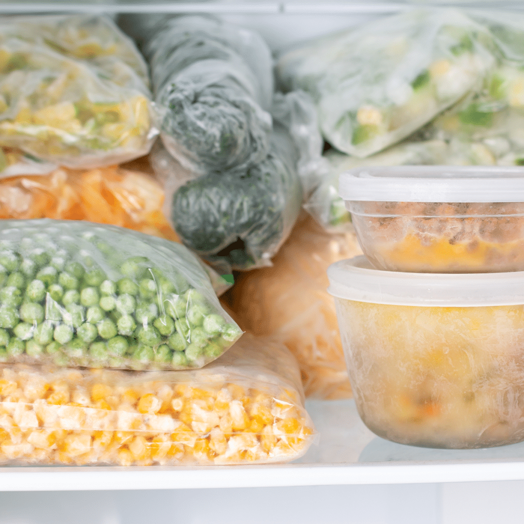 Closeup view of an organized freezer shelf, with sealed produce and containers of frozen soup.
