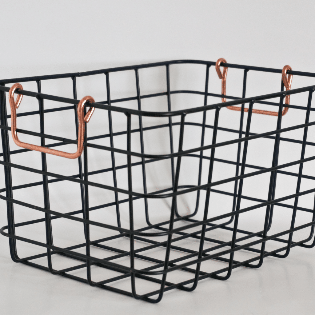 Empty wire basket with handles.