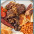 Scottish breakfast food with text overlay.