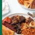 Scottish breakfast food with text overlay.