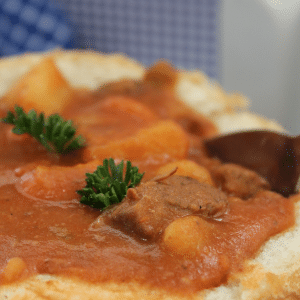 Closeup of beef stew.