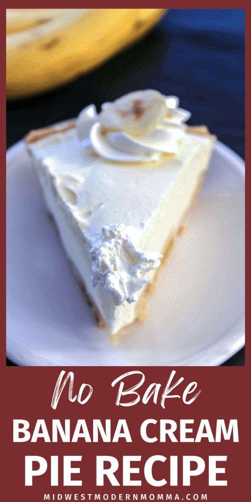 Whole banana cream pie with text overlay describing recipe.