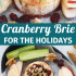 Cranberry baked brie with honey, walnuts, and rosemary with text describing the image.