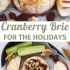 Cranberry baked brie with honey, walnuts, and rosemary with text describing the image.