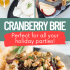 Cranberry baked brie with honey, walnuts, and rosemary with text describing the image.