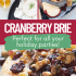 Cranberry baked brie with honey, walnuts, and rosemary with text describing the image.