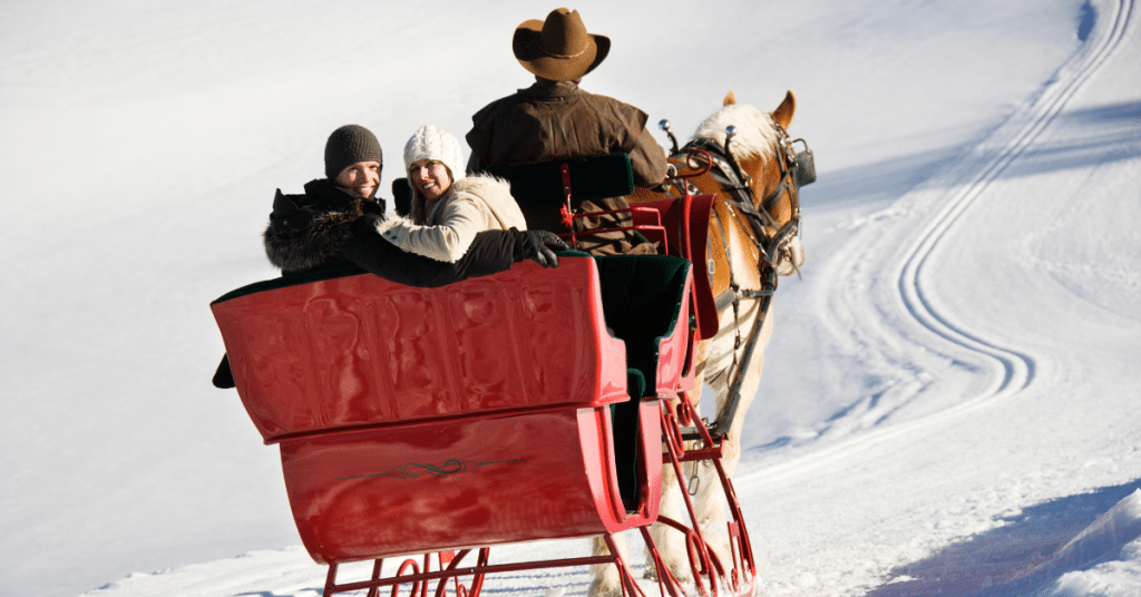 A couple riding in a red sleigh, being pulled by a horse.