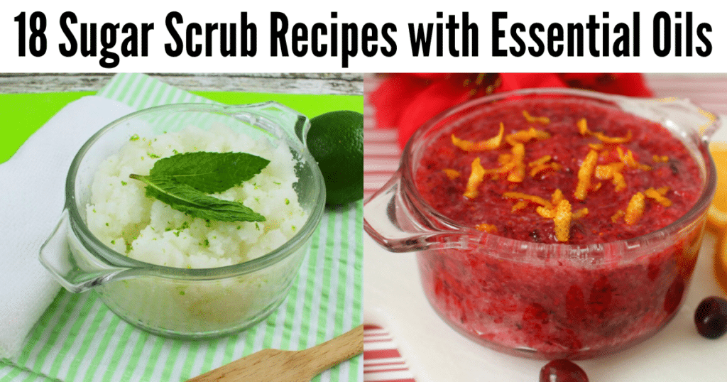 Text reading "18 Sugar Scrub Recipes with Essential Oils" above two sugar scrubs: a lime mojito scrub in a glass jar on the left and a cranberry sugar scrub with orange peel on the right.